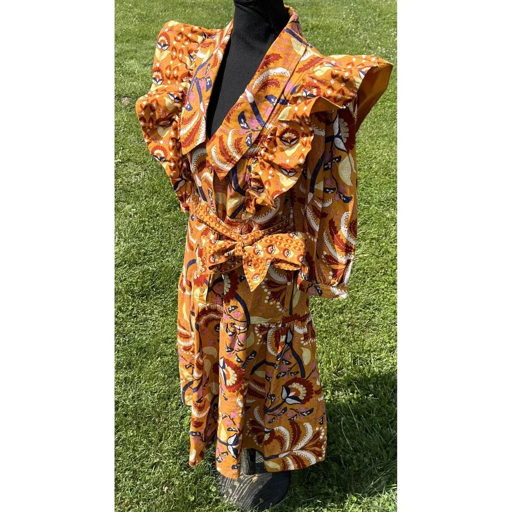 Farm Rio Shirt Dress Womens Small Yellow‎ Palms Party Midi Ruffle Belted Floral